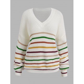 

Drop Shoulder Sweater Colorful Stripe Graphic V Neck Casual Sweater, White