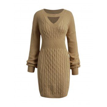 

Drop Shoulder Lantern Sleeve Sweater Dress Peekaboo Cut Solid Color High Waist Mini Dress, Coffee