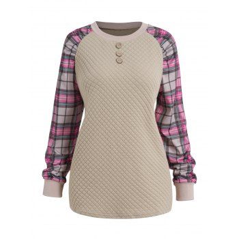 

Plaid Raglan Sleeve Panel Sweatshirt Textured Mock Button Casual Sweatshirt, Light coffee