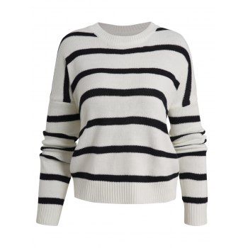 

Contrast Stripe Drop Shoulder Crew Neck Casual Sweater, White