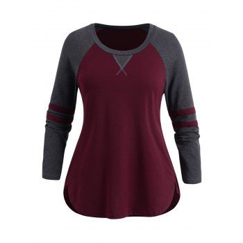 

Plus Size Colorblock Sweatshirt Raglan Sleeve Topstitching Curved Hem Sweatshirt, Deep red