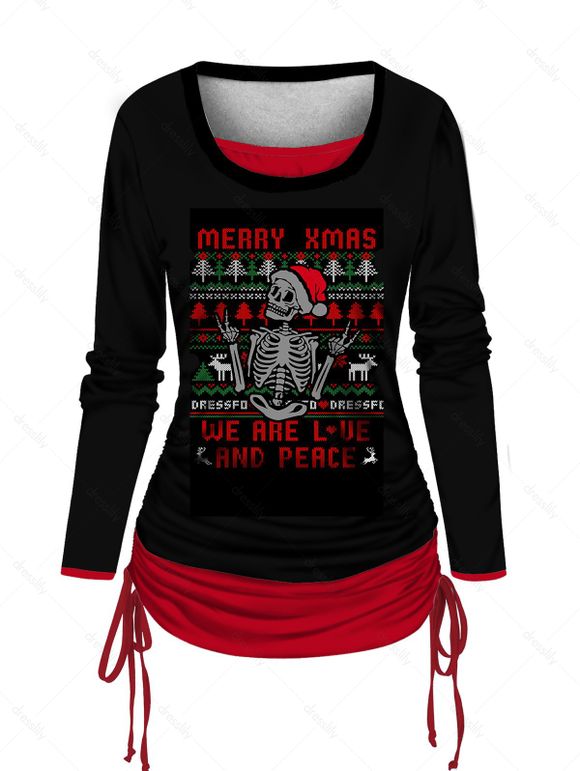 T-shirt Court Motif de Squelette Arbre de Noël en Blocs de Couleurs à Manches Longues Fausse Deux Pièces - Noir L | US 8