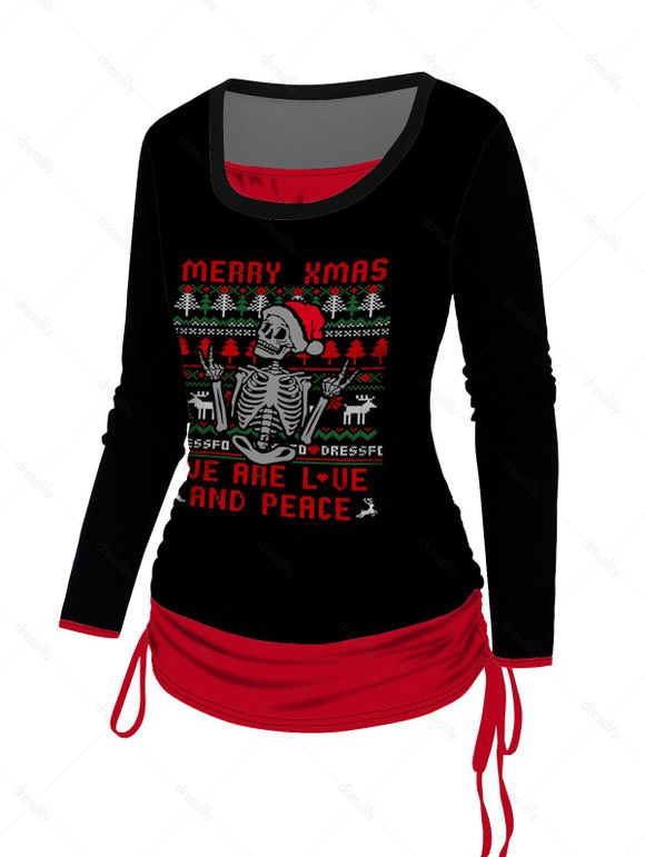 T-shirt Court Motif de Squelette Arbre de Noël en Blocs de Couleurs à Manches Longues Fausse Deux Pièces - Noir S | US 4