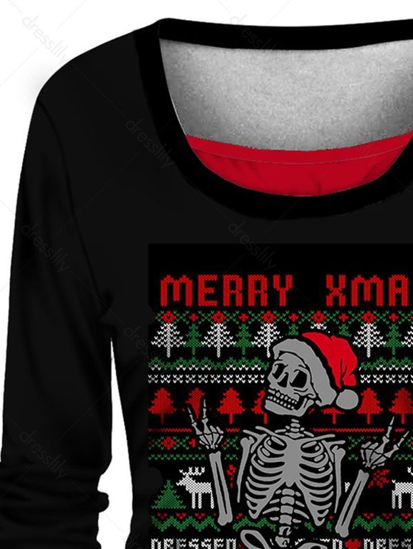 T-shirt Court Motif de Squelette Arbre de Noël en Blocs de Couleurs à Manches Longues Fausse Deux Pièces - Noir S | US 4