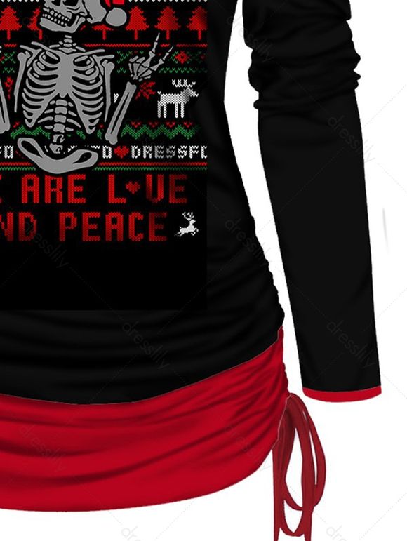 T-shirt Court Motif de Squelette Arbre de Noël en Blocs de Couleurs à Manches Longues Fausse Deux Pièces - Noir S | US 4
