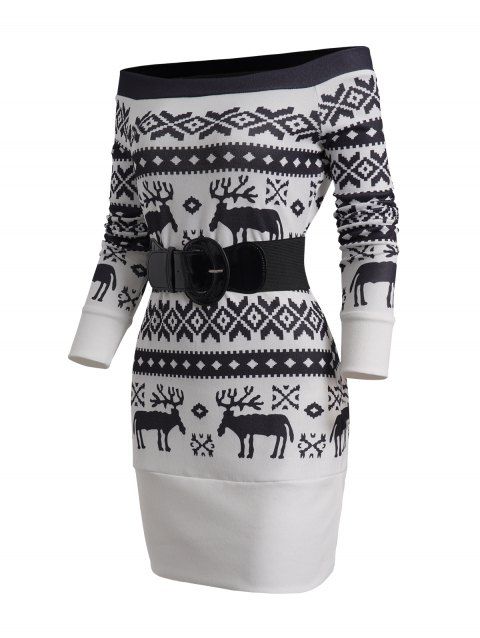 Off The Shoulder Belted Long Top Christmas Snowflake Elk Pattern Full Sleeve Top