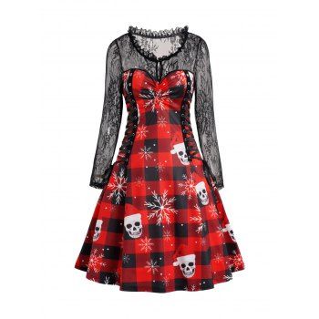 

Lace Up Mini Christmas Dress Snowflake Skull Plaid Sheer Lace Long Sleeve Dress, Red