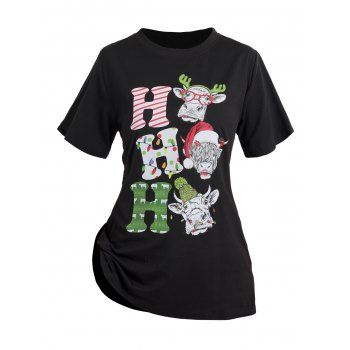 

Cute Santa Claus Christmas Element Print Short Sleeve Round Neck Xmas T-shirt, Multicolor a