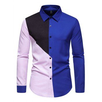

Contrast Colorblock Long Sleeve Shirt Button Up Turndown Collar Office Shirt, Multicolor a