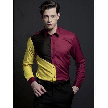 

Contrast Colorblock Long Sleeve Shirt Button Up Turndown Collar Office Shirt, Multicolor b