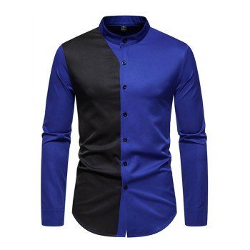 

Two Tone Long Sleeve Shirt Button Down Stand-up Collar Casual Shirt, Blue