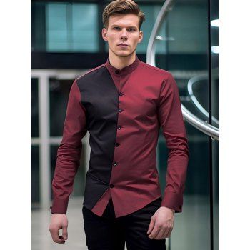 

Two Tone Long Sleeve Shirt Button Down Stand-up Collar Casual Shirt, Deep red