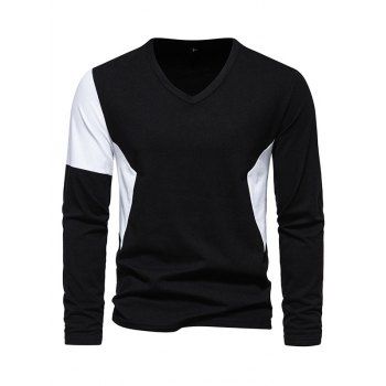 

Colorblock Long Sleeve T-shirt V Neck Casual Tee, Black