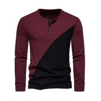 

Two Tone A Quarter Button T-shirt Long Sleeve Casual Contrast Tee, Deep red