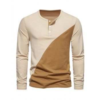 

Two Tone A Quarter Button T-shirt Long Sleeve Casual Contrast Tee, Light coffee