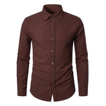 

Solid Color Long Sleeve Shirt Turndown Collar Button Down Casual Shirt, Deep coffee