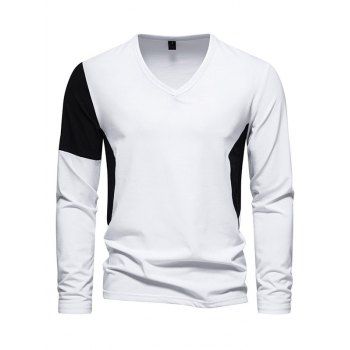 

Colorblock Long Sleeve T-shirt V Neck Casual Tee, White