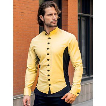 

Two Tone Long Sleeve Shirt Button Down Stand-up Casual Contrast Shirt, Yellow