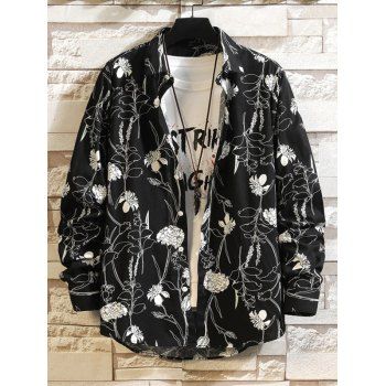 

Flower Leaf Allover Print Long Sleeve Shirt Button Up Turndown Collar Casual Shirt, Black