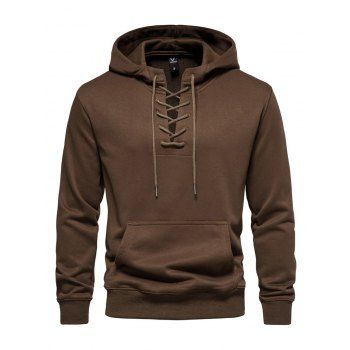 

Solid Color Lace Up Hoodie Kangaroo Pocket Drawstring Casual Hoodie, Deep coffee