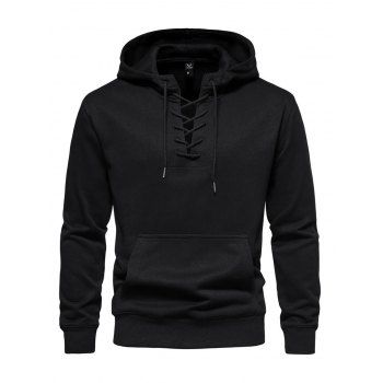 

Solid Color Lace Up Hoodie Kangaroo Pocket Drawstring Casual Hoodie, Black