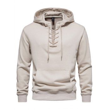 

Lace Up Solid Color Casual Hoodie Drawstring Kangaroo Pocket Hoodie, Apricot