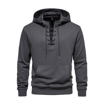 

Lace Up Solid Color Casual Hoodie Drawstring Kangaroo Pocket Hoodie, Gray