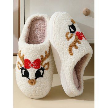 

Christmas Elk Horn Fox Pattern Fluffy Warm Home Slippers, White