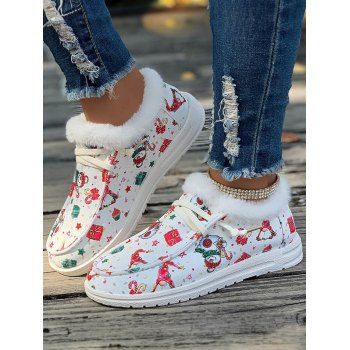 

Christmas Element Print Faux Fur Insert Lace Up Shoes, White