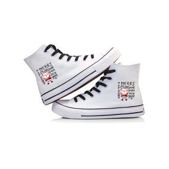 

Christmas Santa Claus Letter Print Lace Up Casual High Top Canvas Shoes, White