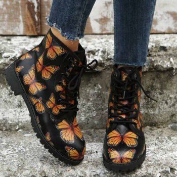 

Allover Butterfly Print Lace Up Ankle Boots, Golden brown
