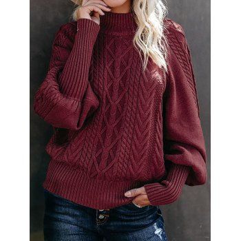 

Geometric Graphic Lantern Sleeve Sweater High Neck Solid Color Ribbed Hem Sweater, Deep red