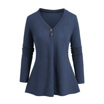 

Textured Solid Color Casual T-shirt V Neck Mock Button Long Sleeve Tee, Deep blue