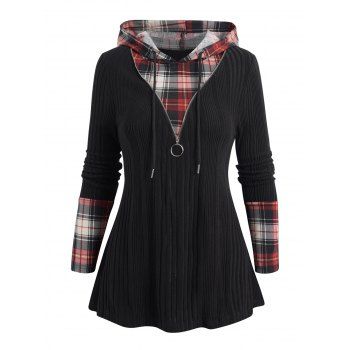 

Plaid Panel Hooded Knit Faux Twinset Top Half Zipper Detail Ribbed Textured Knitted Twofer Top, Black