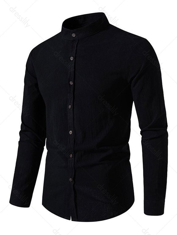 Chemise Décontractée en Couleur Unie Boutonnée Manches Longues à Col Debout - Noir XL
