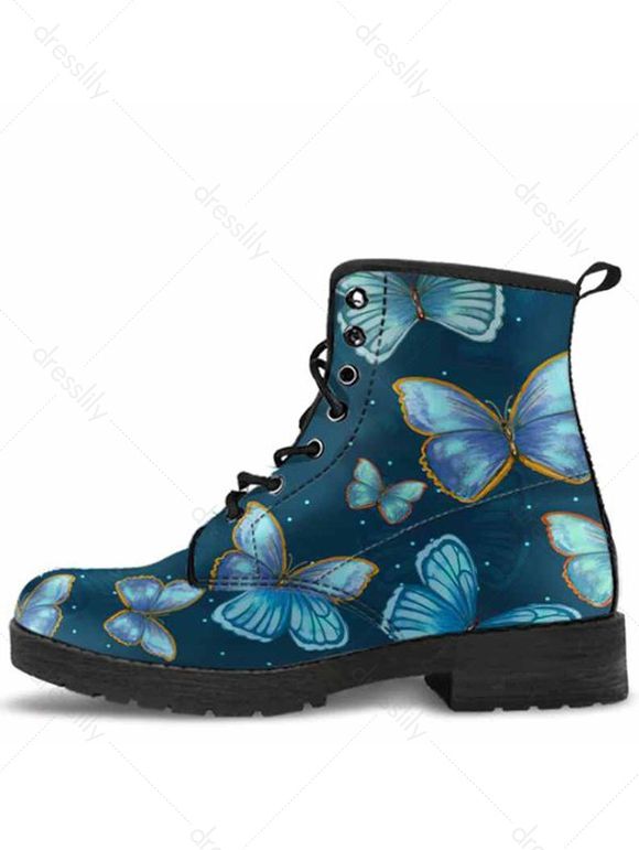 Allover Butterfly Print Lace Up Ankle Boots - Bleu Lierre EU 43