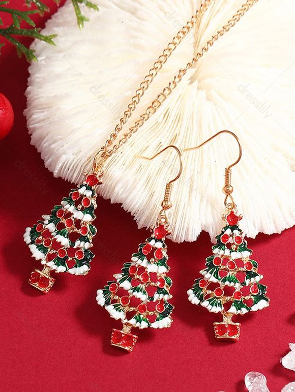 Ensemble de Boucles D'Oreilles Au Crochet et de Collier Pendant Sapin de Noël avec Chaîne - multicolor 