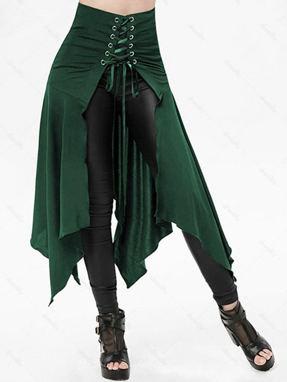 Jupe Mi-Longue Mouchoir Gothique Ouvert en Avant en Couleur Unie à Lacets - Vert L