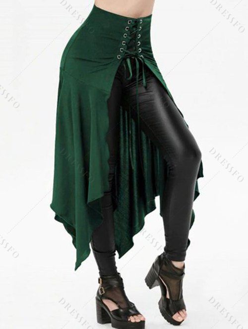 Jupe Mi-Longue Mouchoir Gothique Ouvert en Avant en Couleur Unie à Lacets - Vert S