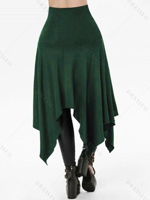 Jupe Mi-Longue Mouchoir Gothique Ouvert en Avant en Couleur Unie à Lacets - Vert S