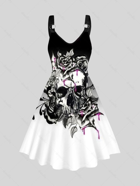 Robe Décontractée Ligne A Ombrée à Imprimé Crâne et Rose - Noir XXL