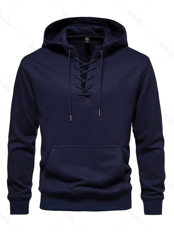 Sweat à Capuche Décontracté en Couleur Unie avec Poche Kangourou à Lacets - Bleu de Minuit 3XL