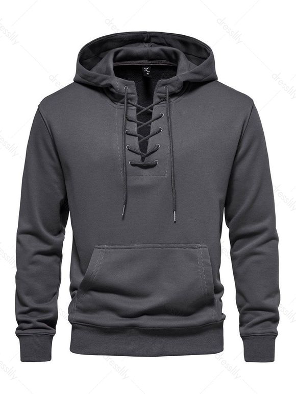 Sweat à Capuche Décontracté en Couleur Unie avec Poche Kangourou à Lacets - Gris 3XL