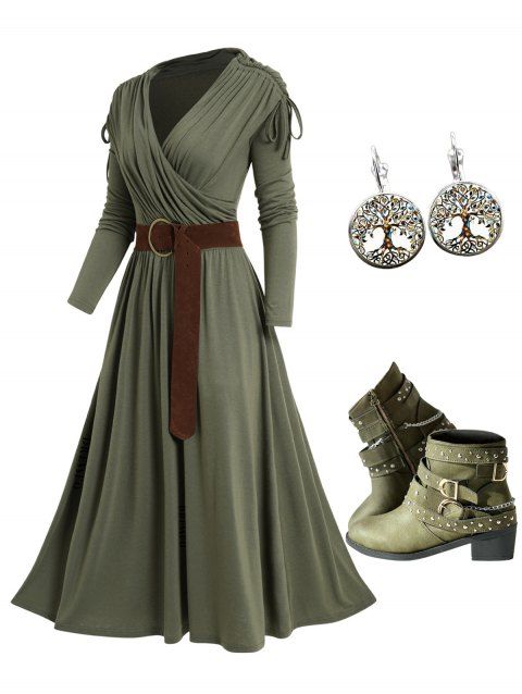 Cinched Surplice Plunge High Waist Belted Midi Dress And Rivet Zip Up Chunky Heel Boots Life Tree Drop Earrings Outfit