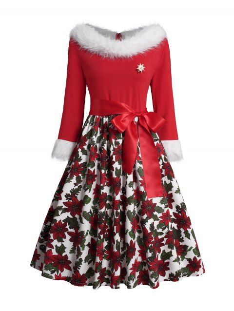 Christmas Faux Fur Neckline Belted Midi Dress Flower Print Long Sleeve High Waist Dress