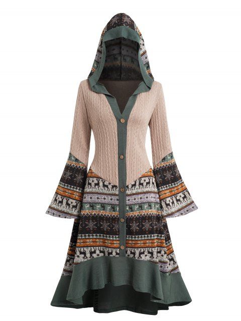 Elk Snowflake Tribal Pattern Knit High Low Flocking Liner Hooded Dress Button Up Flare Sleeve Midi Dress