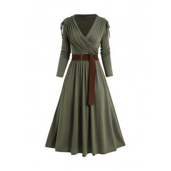 

Cinched Ruched Surplice Plunge Belted Midi Dress Solid Color High Waist Long Sleeve Dress, Deep green