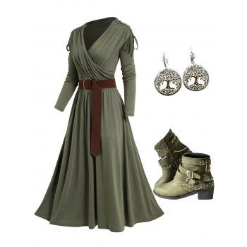 Cinched Surplice Plunge High Waist Belted Midi Dress And Rivet Zip Up Chunky Heel Boots Life Tree Drop Earrings Outfit