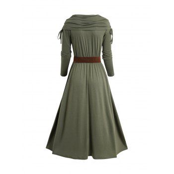 Cinched Surplice Plunge High Waist Belted Midi Dress And Rivet Zip Up Chunky Heel Boots Life Tree Drop Earrings Outfit 
