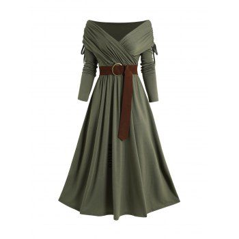 Cinched Surplice Plunge High Waist Belted Midi Dress And Rivet Zip Up Chunky Heel Boots Life Tree Drop Earrings Outfit 
